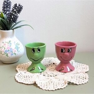 Vintage Anthropomorphic Egg Cups Set of 2, Pink and Green Smiley Face Egg Holder